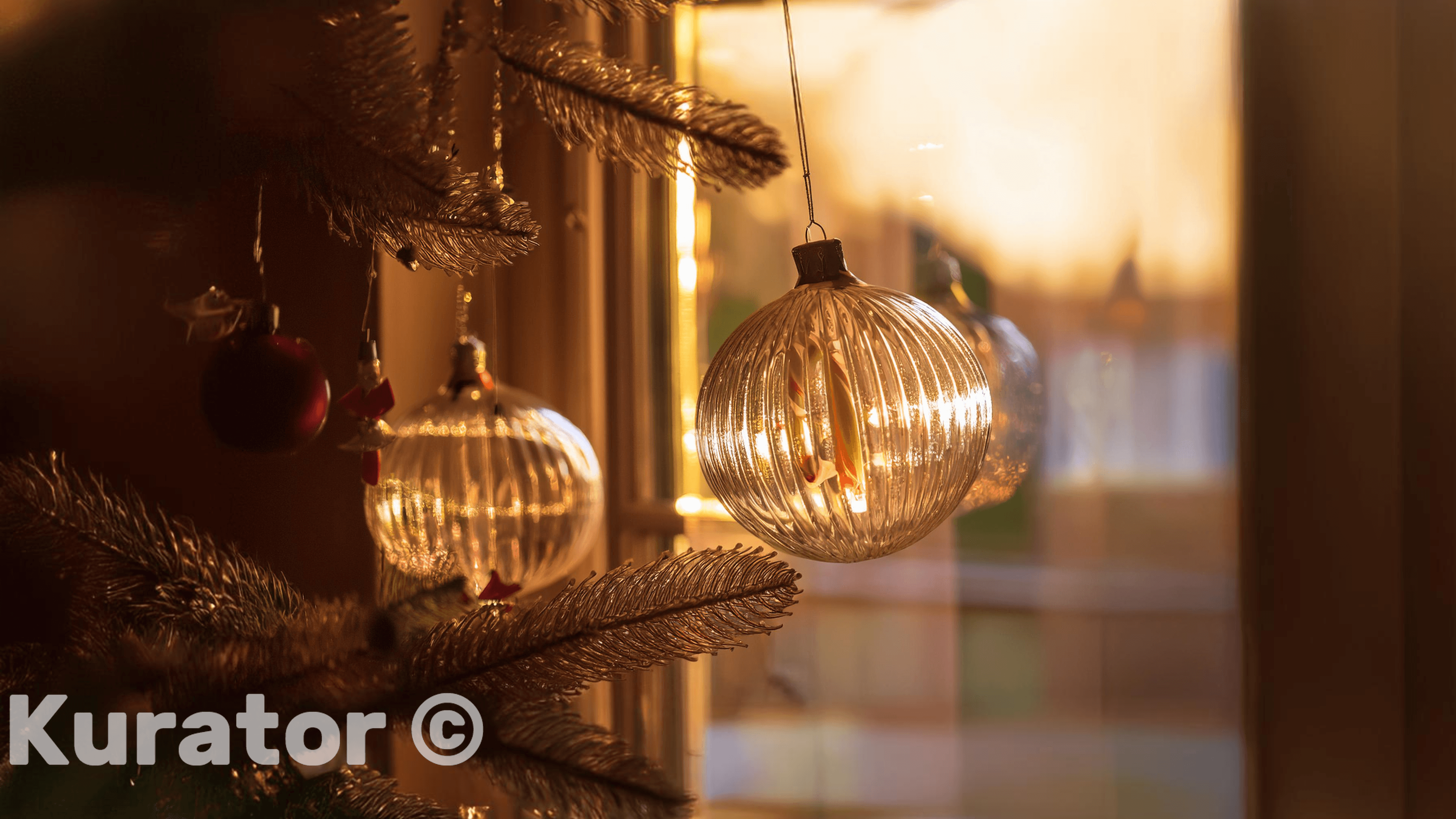 Cozy holiday ambiance with warm, glowing lights reflecting off elegant glass ornaments on a Christmas tree. A festive, intimate setting perfect for capturing the spirit of the season