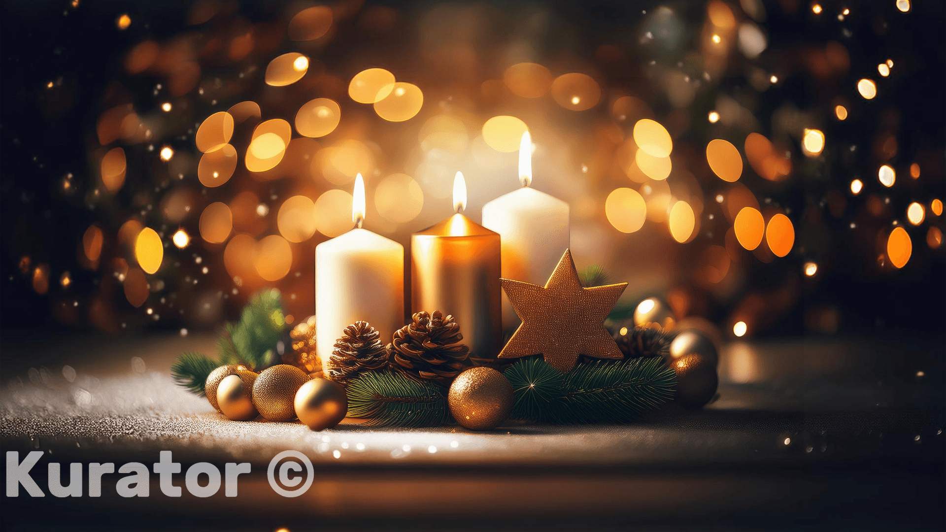 Candlelit Christmas Display with Golden Ornaments and Star – Warm Holiday Glow