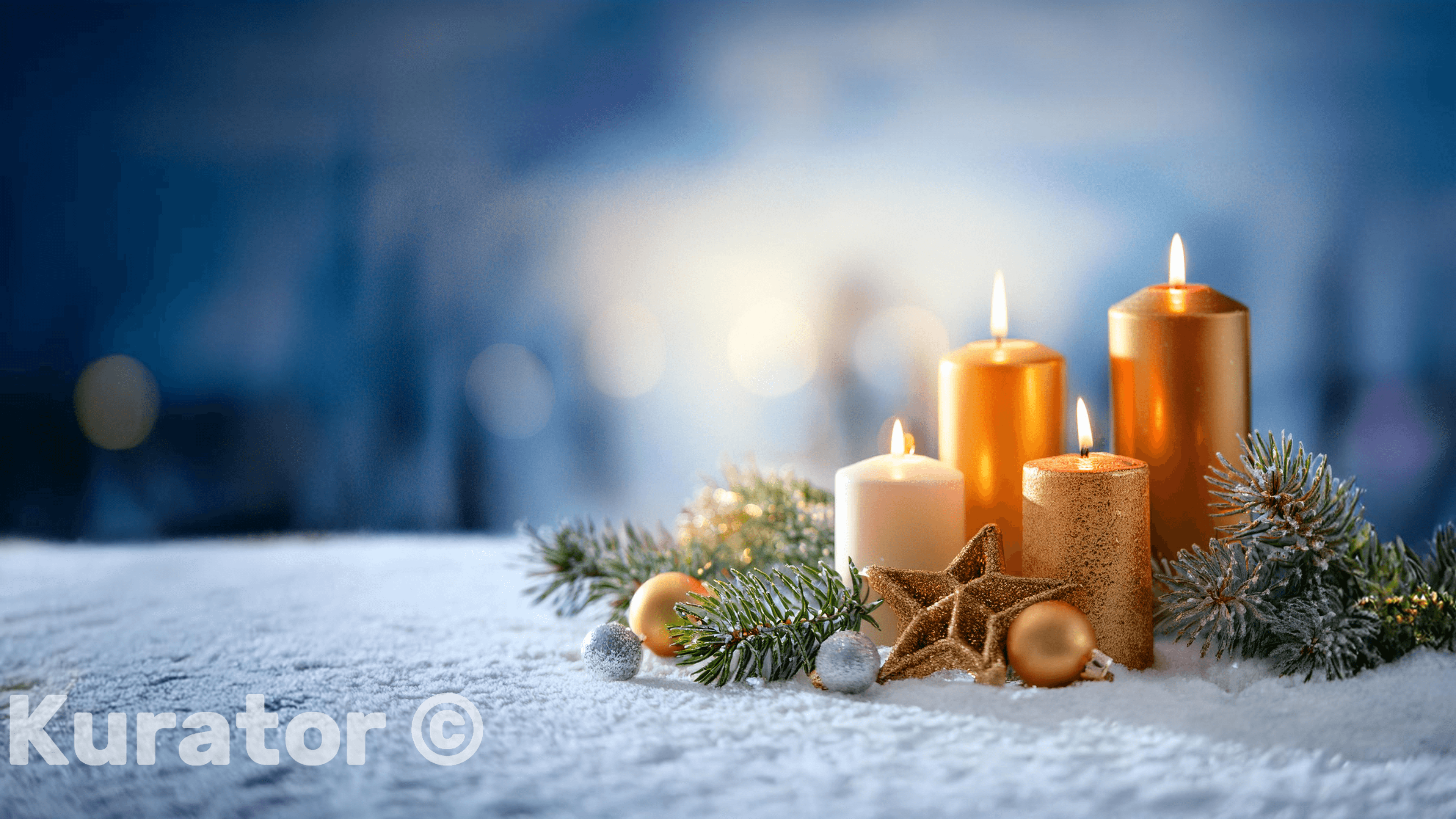 Elegant holiday arrangement with golden and white candles, a star ornament, pine branches, and festive baubles placed on a snowy surface. The background features soft, glowing bokeh lights, creating a serene Christmas ambiance