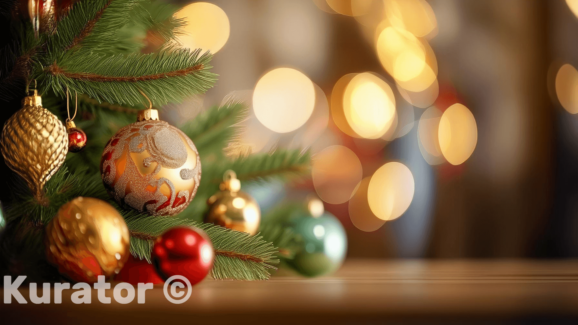 Christmas Tree with Red and Gold Ornaments – Warm Holiday Bokeh Background