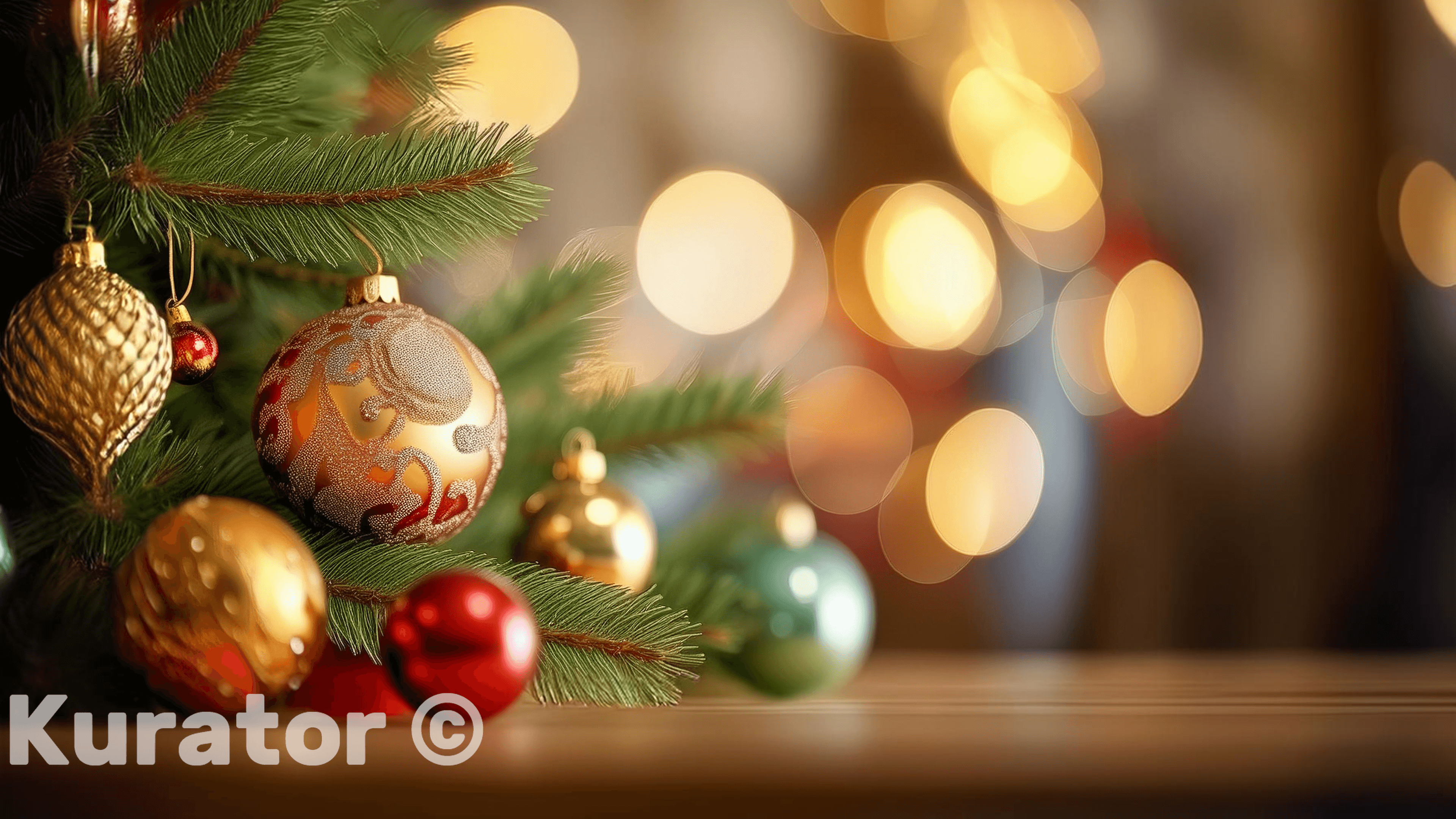 Festive Christmas tree adorned with elegant gold, red, and ornate ornaments. The background features warm bokeh lights, enhancing the cozy and joyful holiday atmosphere