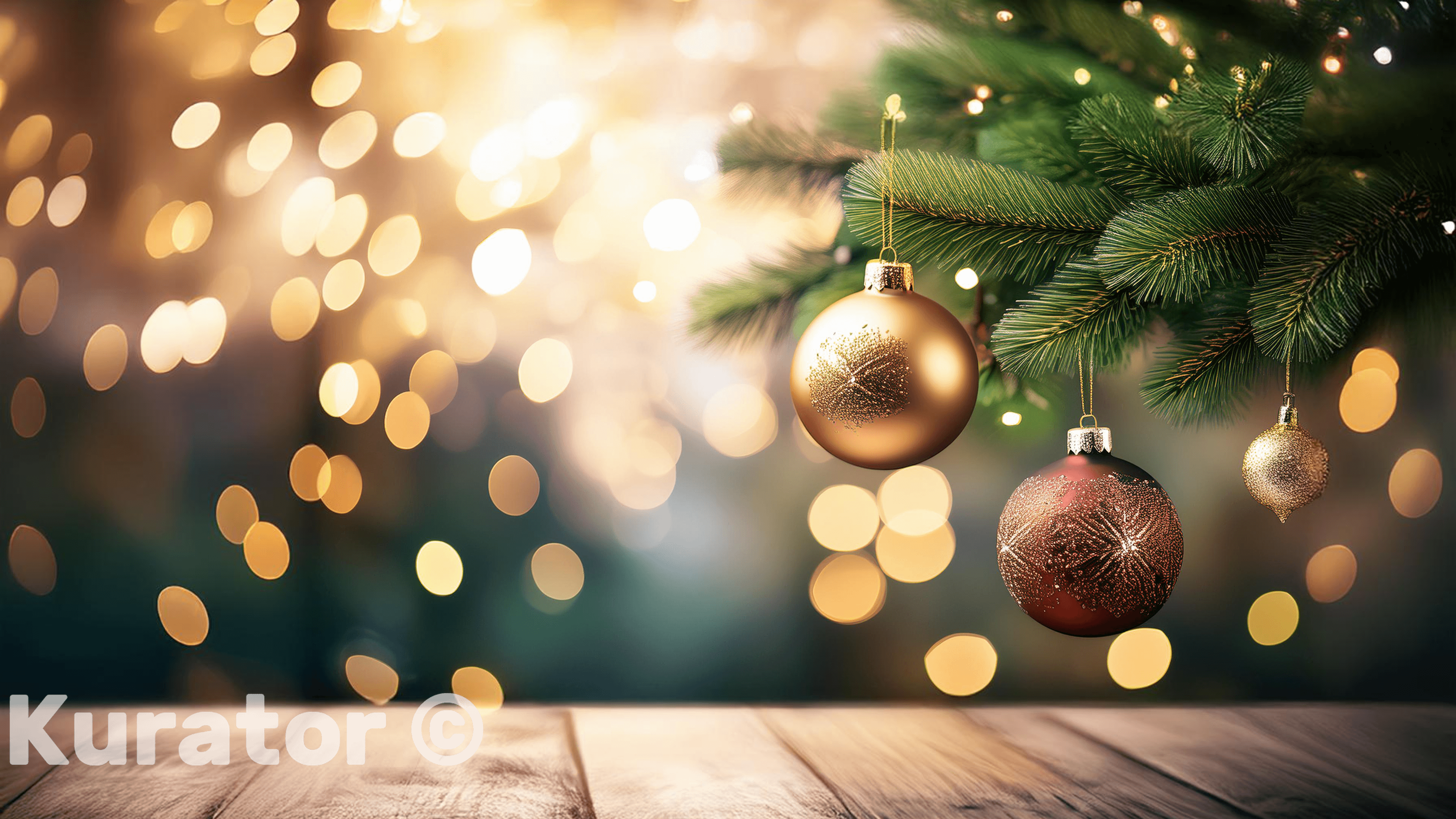 Close-up of a beautifully decorated Christmas tree with gold and red ornaments. The background features soft, glowing bokeh lights, creating a warm and festive holiday atmosphere