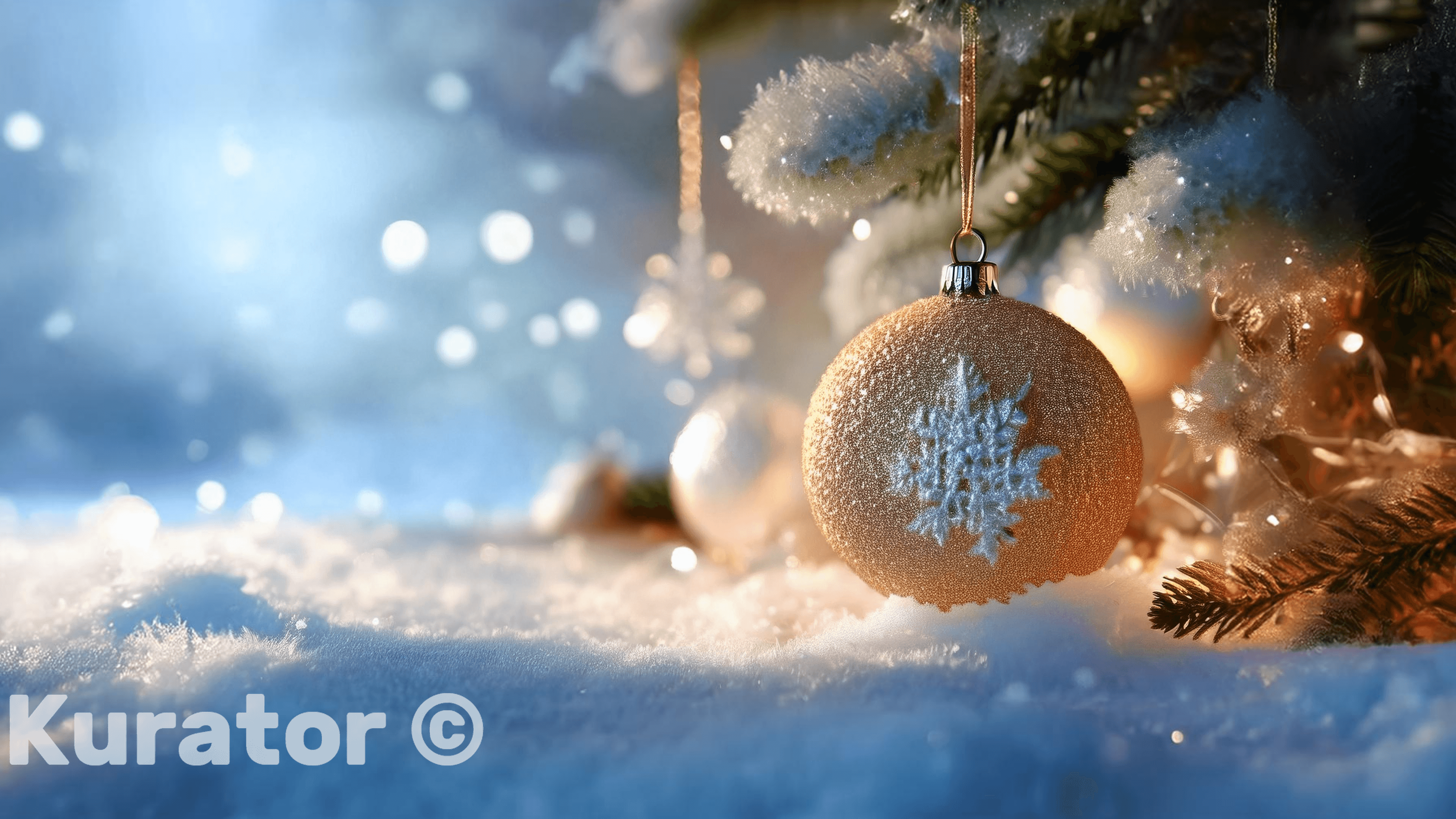 Close-up of a Christmas ornament with a snowflake design hanging on a tree branch, surrounded by snow and warm, glowing lights. The background features a serene winter scene with soft bokeh, capturing the magic of the holiday season