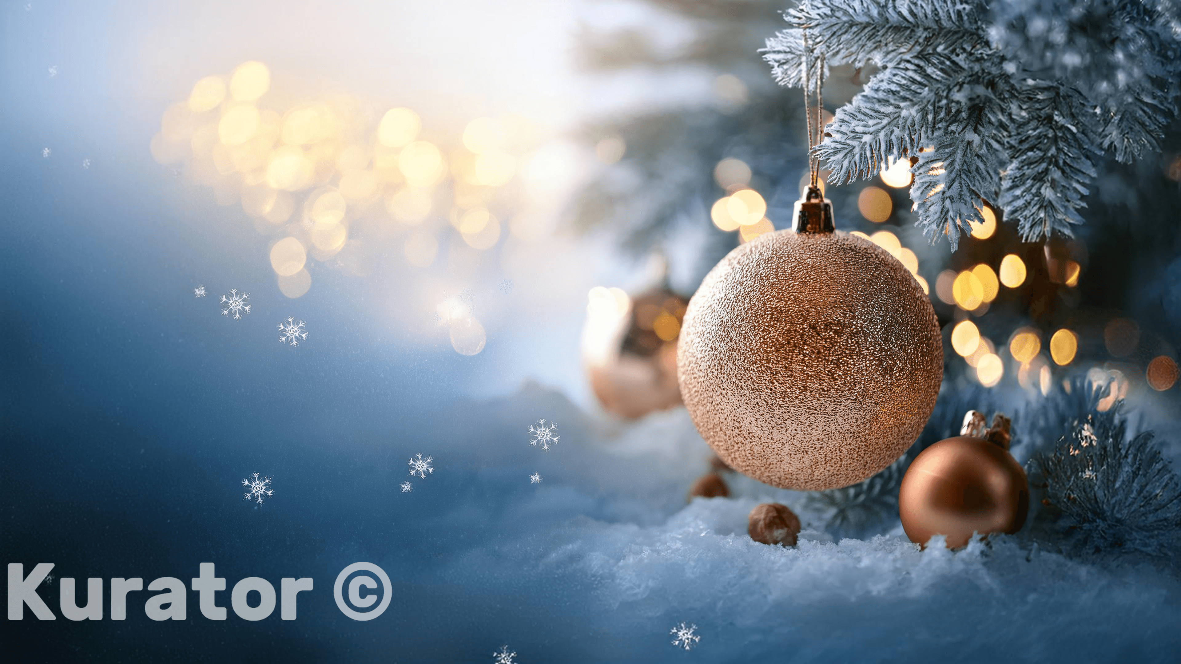 Elegant Christmas ornament hanging on a tree branch, surrounded by snow and golden bokeh lights. The serene winter setting, with delicate snowflakes in the air, captures the festive and magical atmosphere of the holiday season