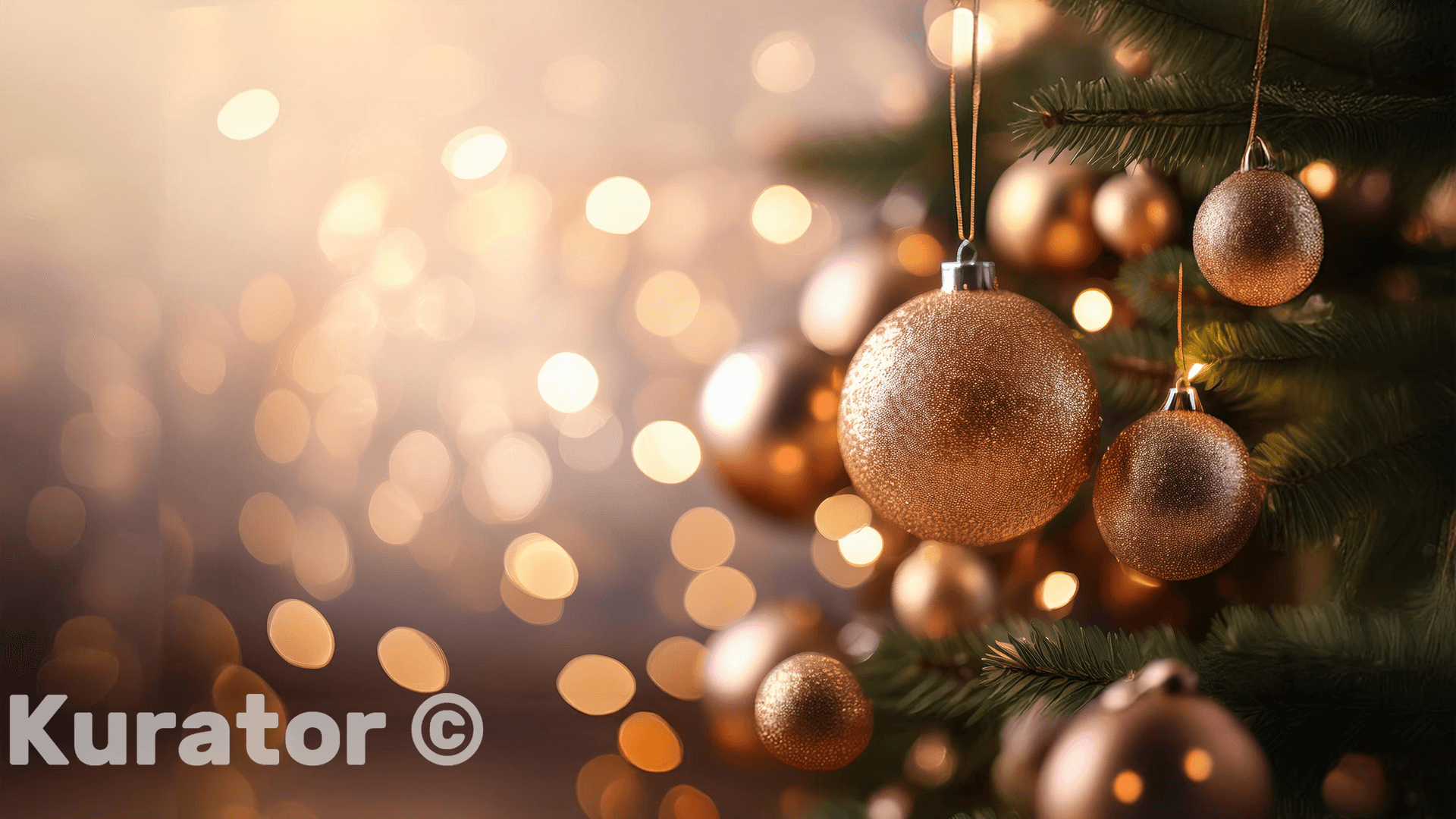 Gold Ornaments on Christmas Tree – Warm Holiday Bokeh Lights