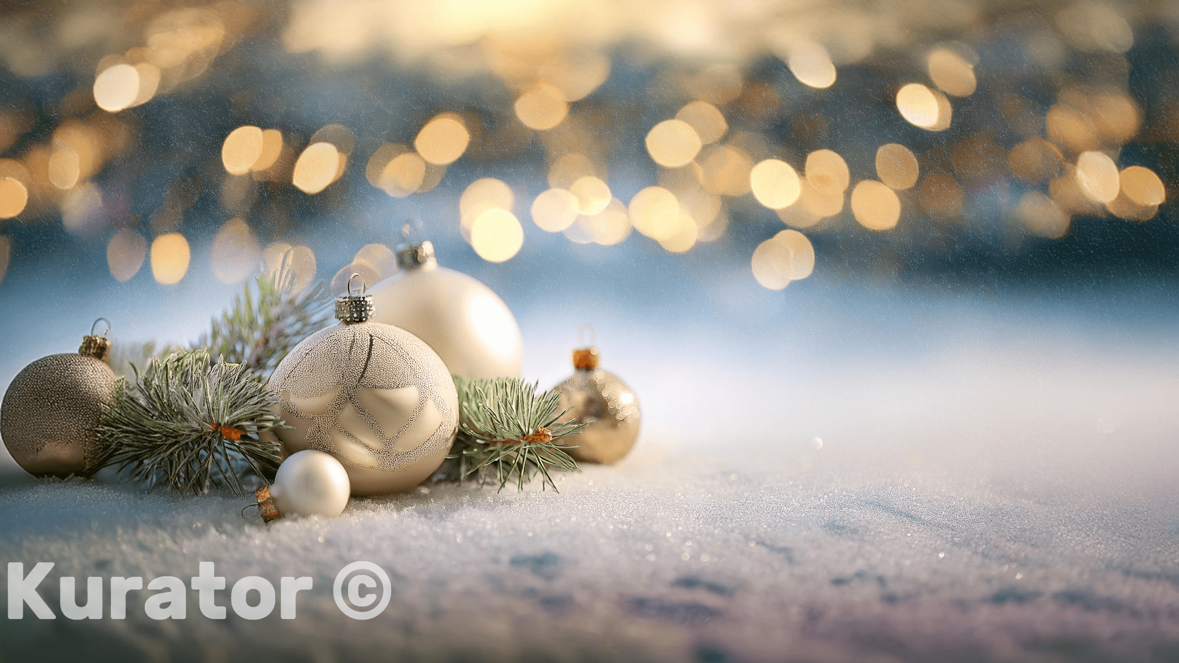 Elegant Christmas ornaments resting on a snow-covered surface, surrounded by pine branches. The background features warm, glowing bokeh lights, creating a serene and festive holiday atmosphere