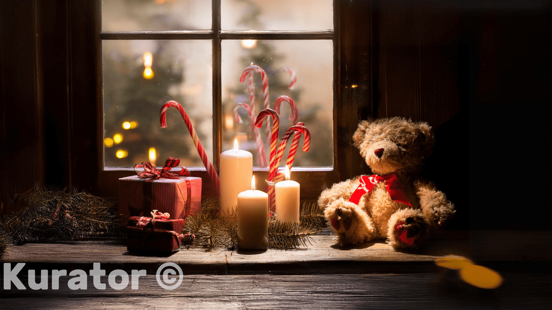 Christmas Gifts and Candles on Windowsill – Cozy Holiday Night