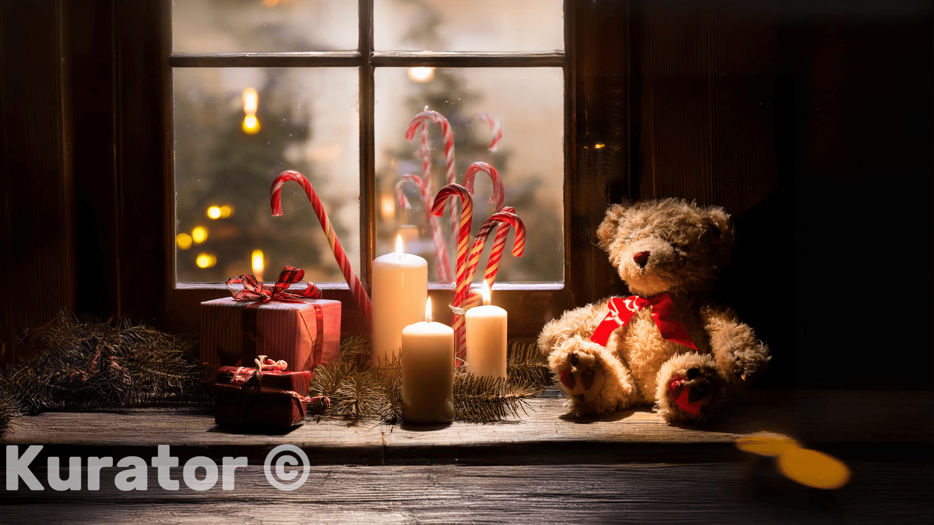 Charming Christmas scene with candles, candy canes, wrapped gifts, and a teddy bear on a windowsill. The warm glow from outside and festive decorations create a cozy and nostalgic holiday atmosphere
